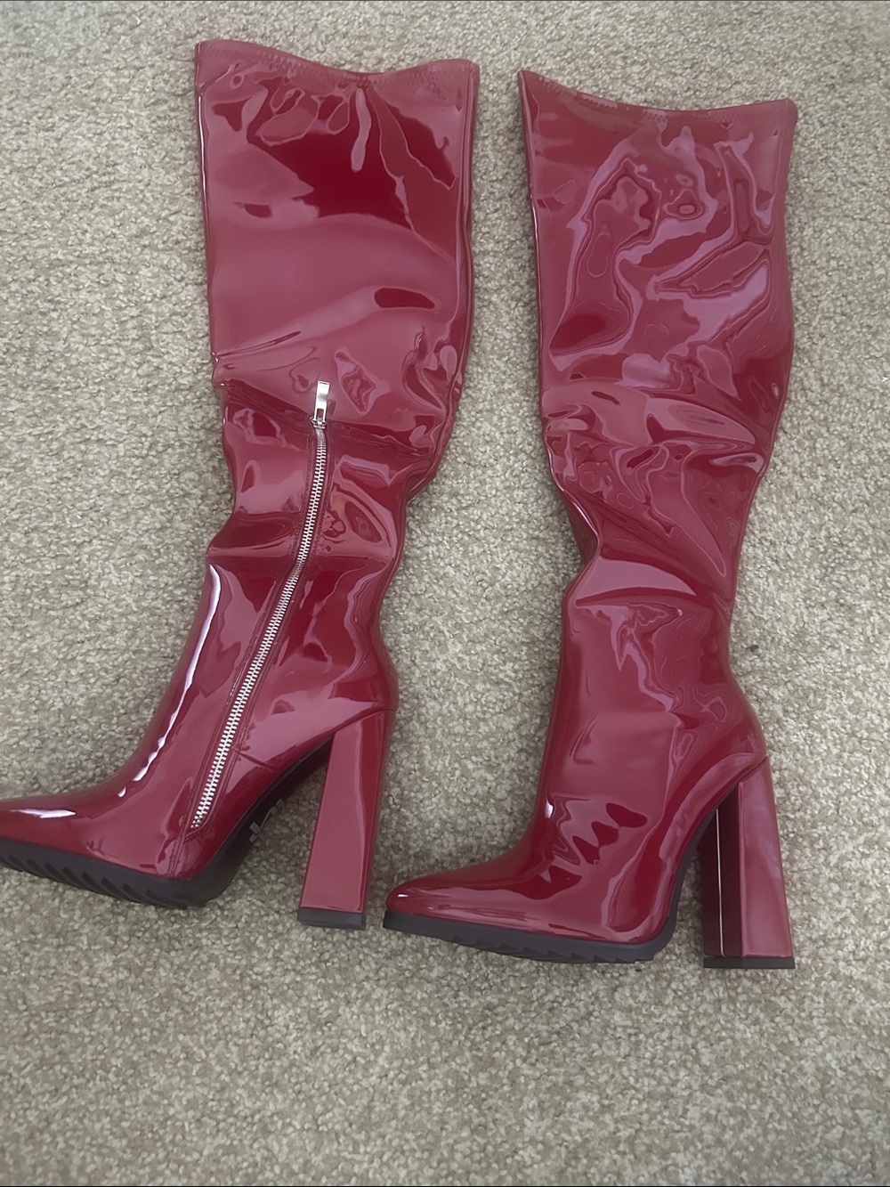 Patent Over-the-Knee Block Heel Boots in Wine Red